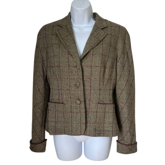 Kay Unger Jackets & Blazers - Kay Unger Women Green Red Plaid Timeless Classic Wool Silk Blend Blazer Jacket 6